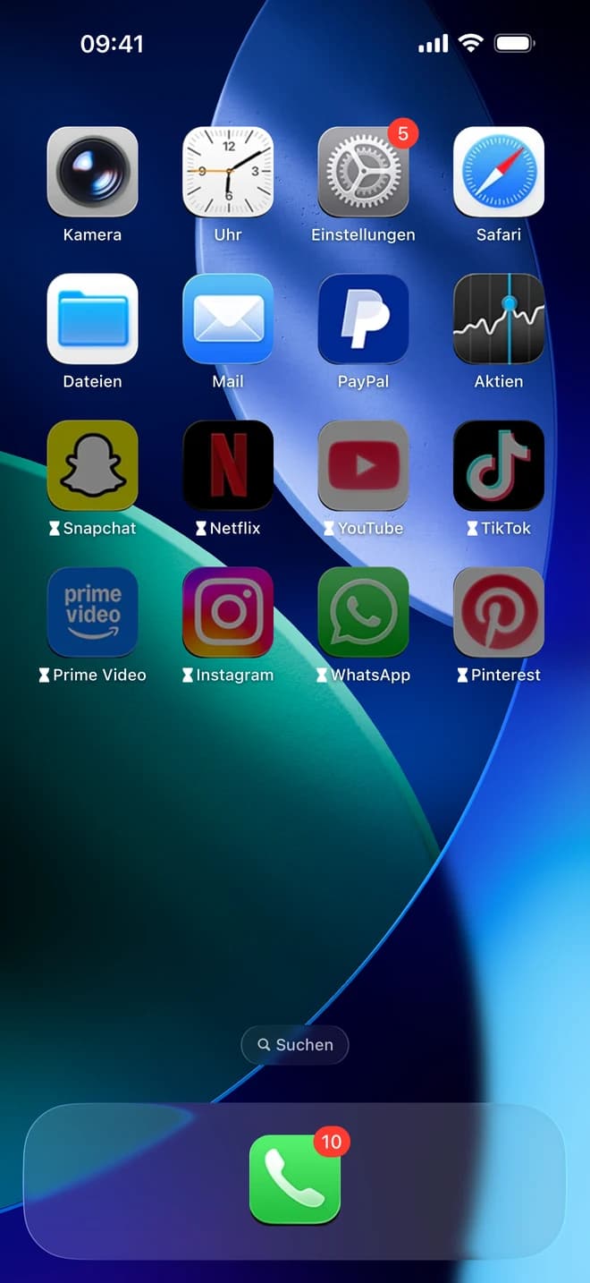 Home-Bildschirm mit Bildschirmzeit: Die ablenkenden Apps sind grau, aber noch da
